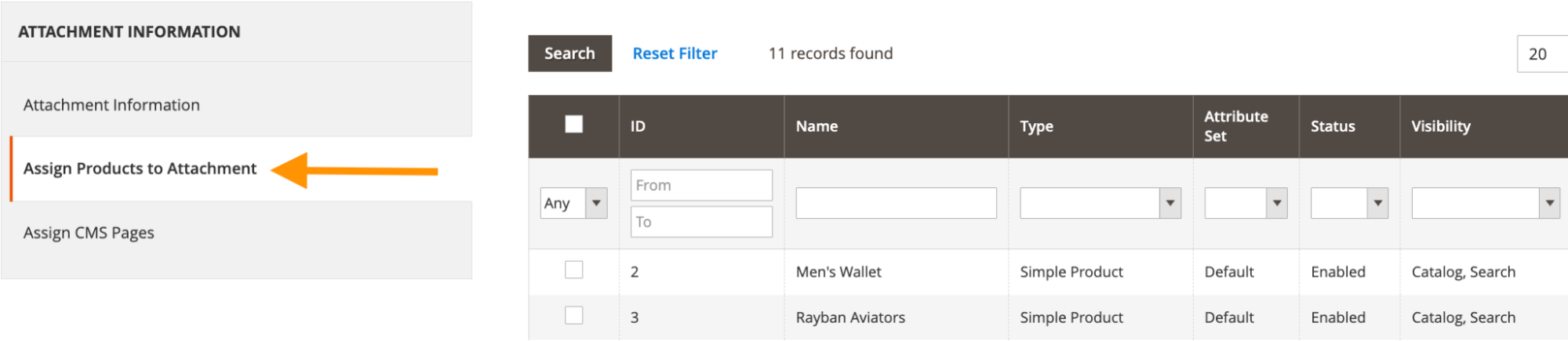 Assigning Products to attachment