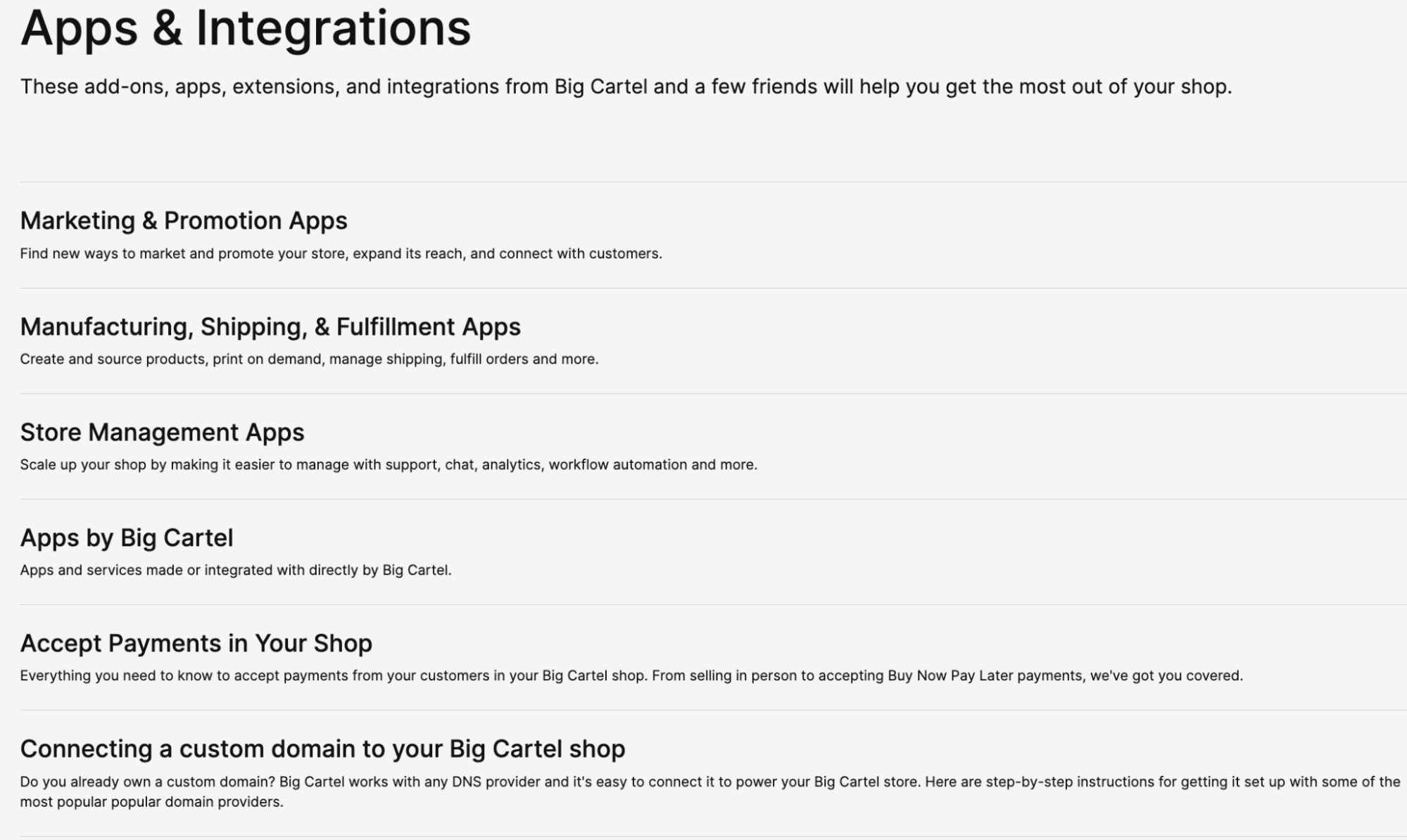 Big Cartel vs Shopify Apps Integration