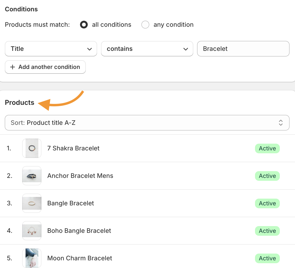 Products Added to Collections as per the Conditions