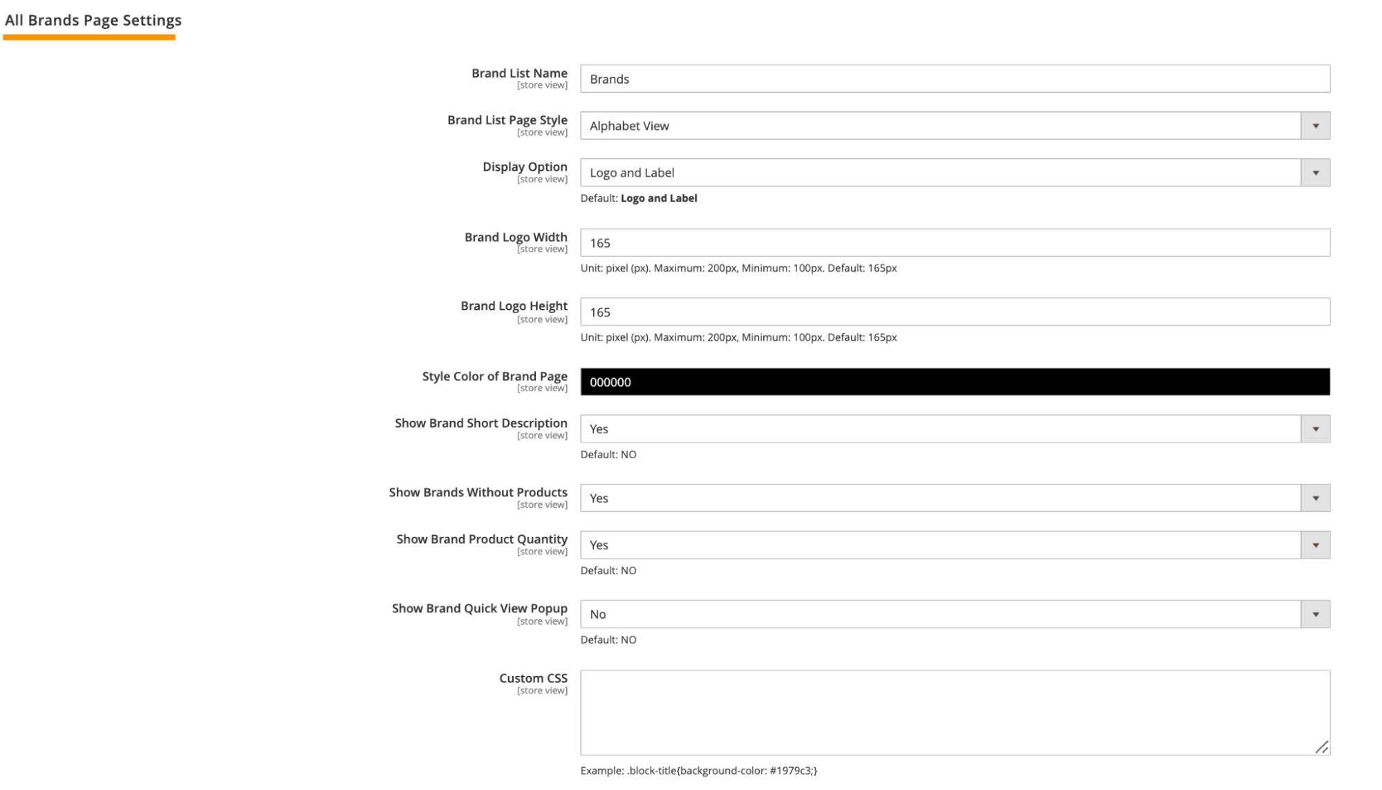All brands page settings magento 2 shop by brand