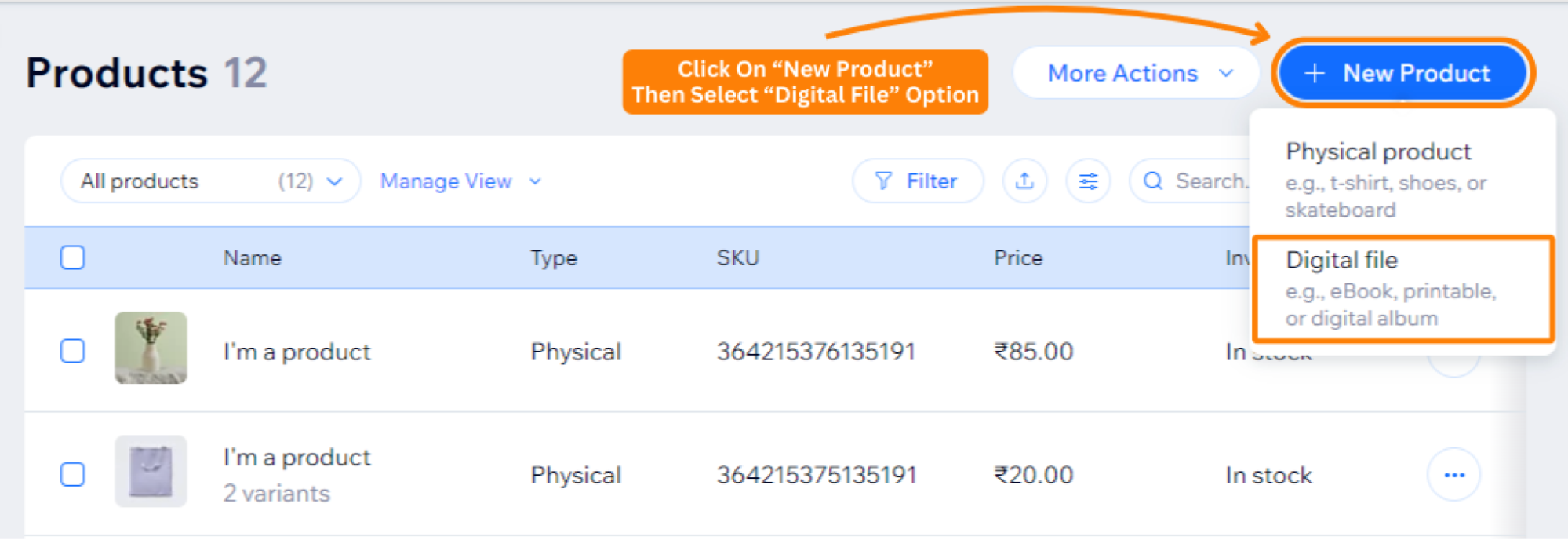 Click on New Product and Head to Digital File option