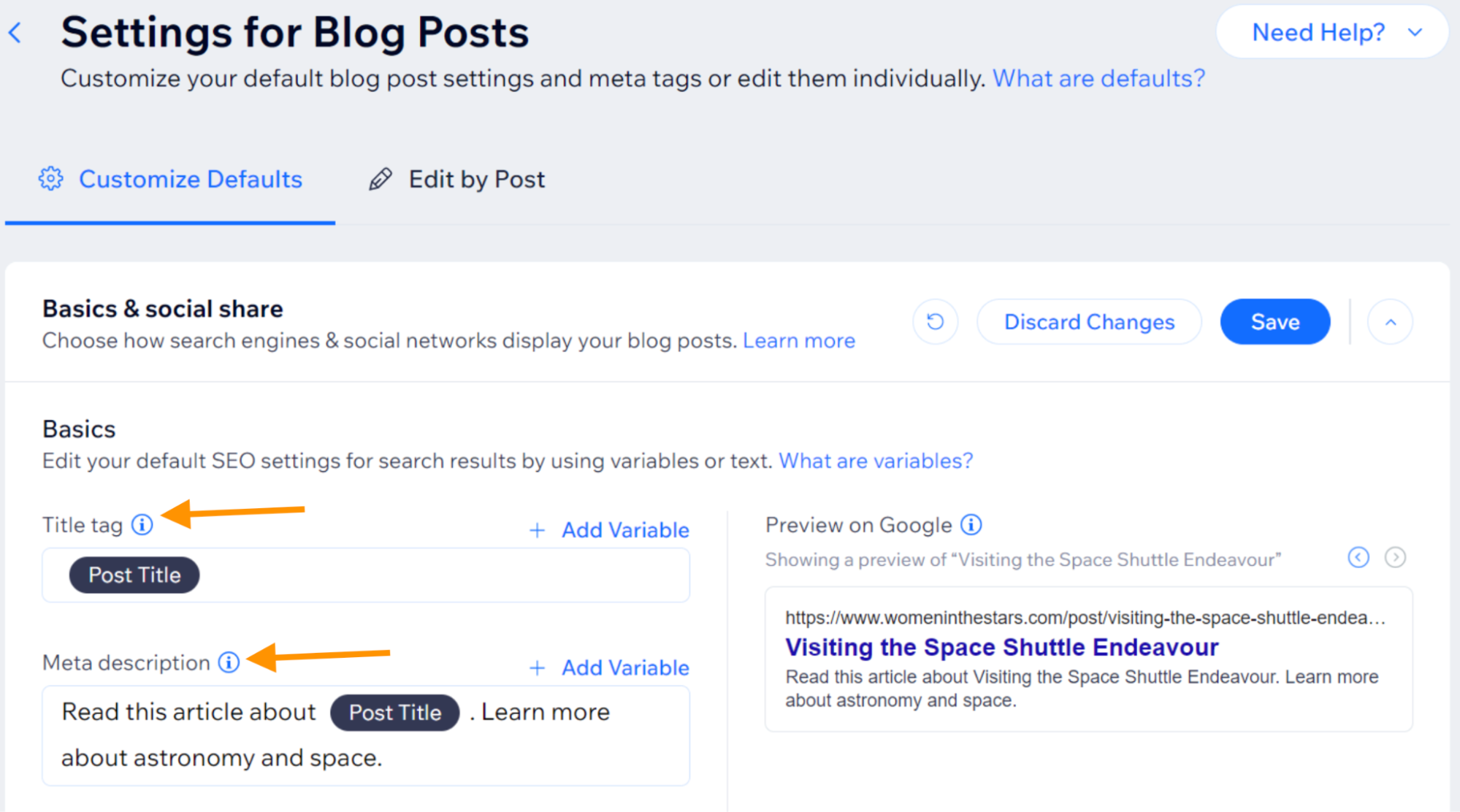 SEO Settings for Blog Post