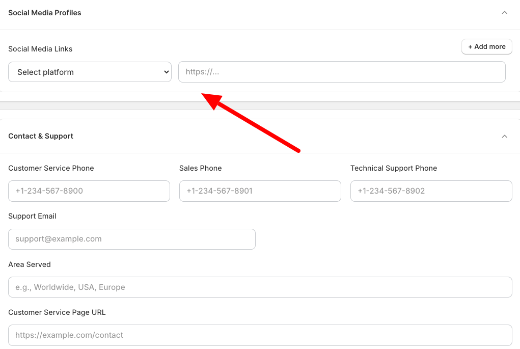 Add Social Profiles and Support Contacts
