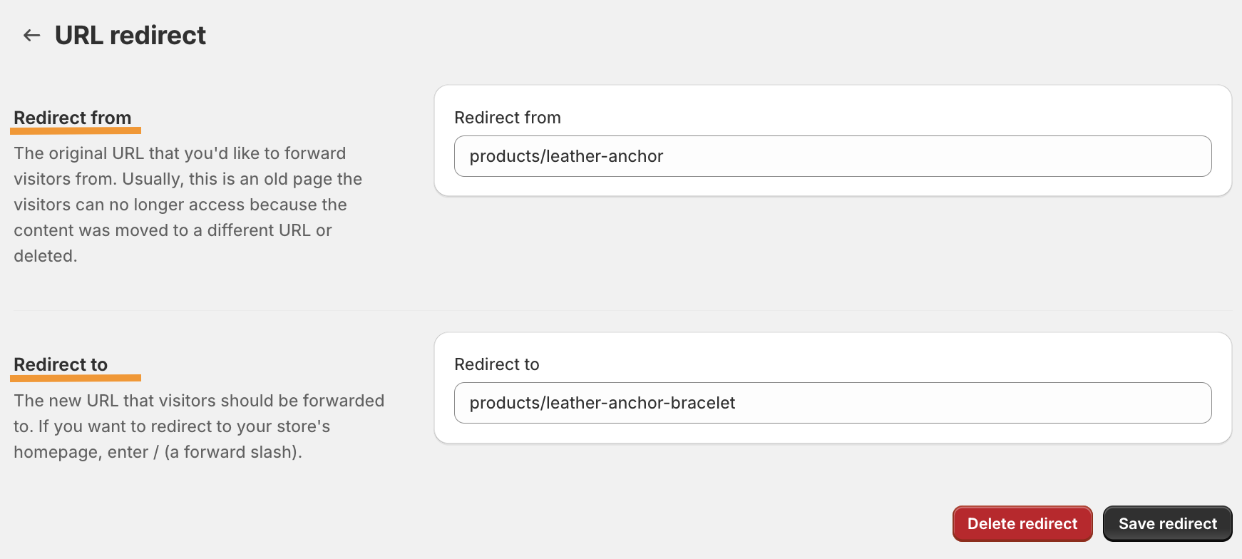 Paste the path of your original URL in redirect from and redirect to section