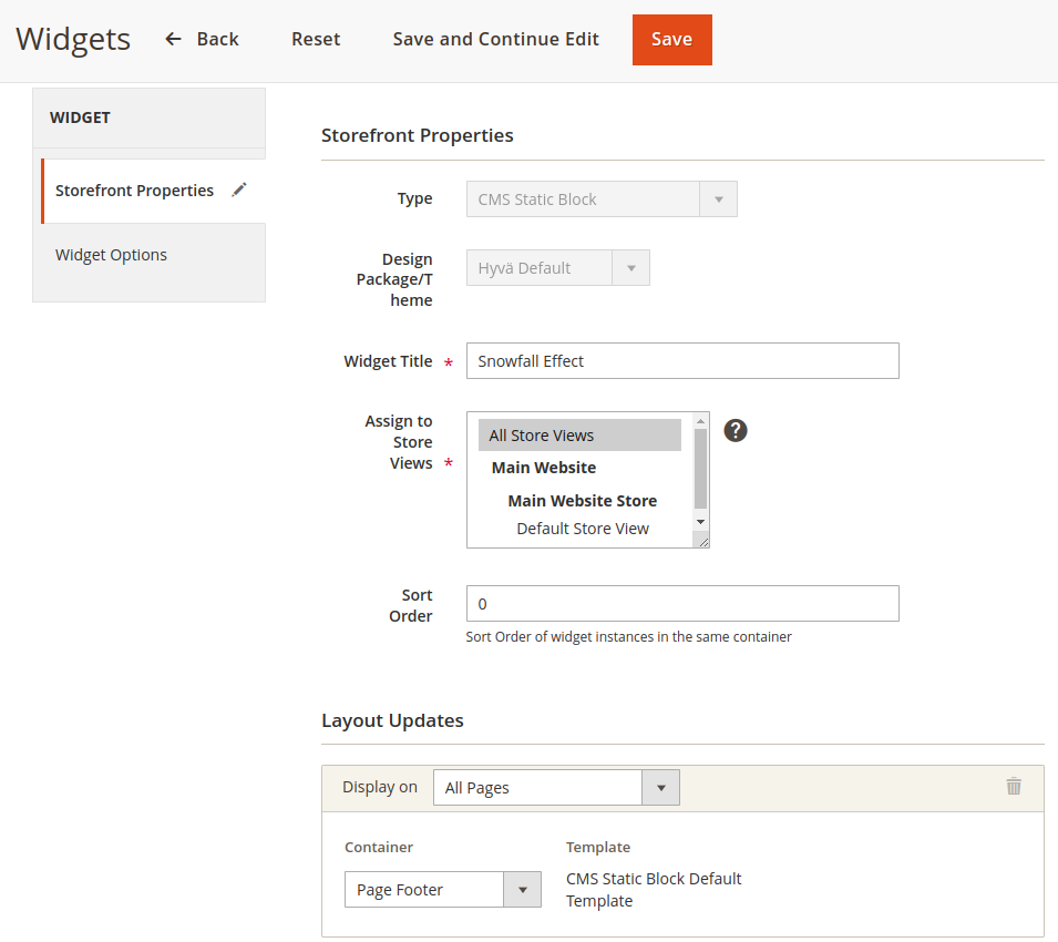 Storefront Properties Widgets Settings