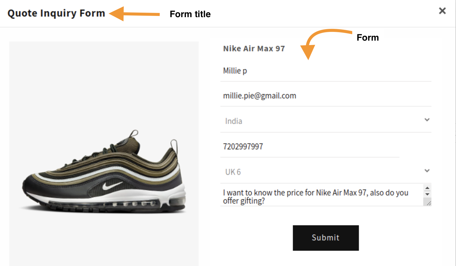 Request a quote form frontend
