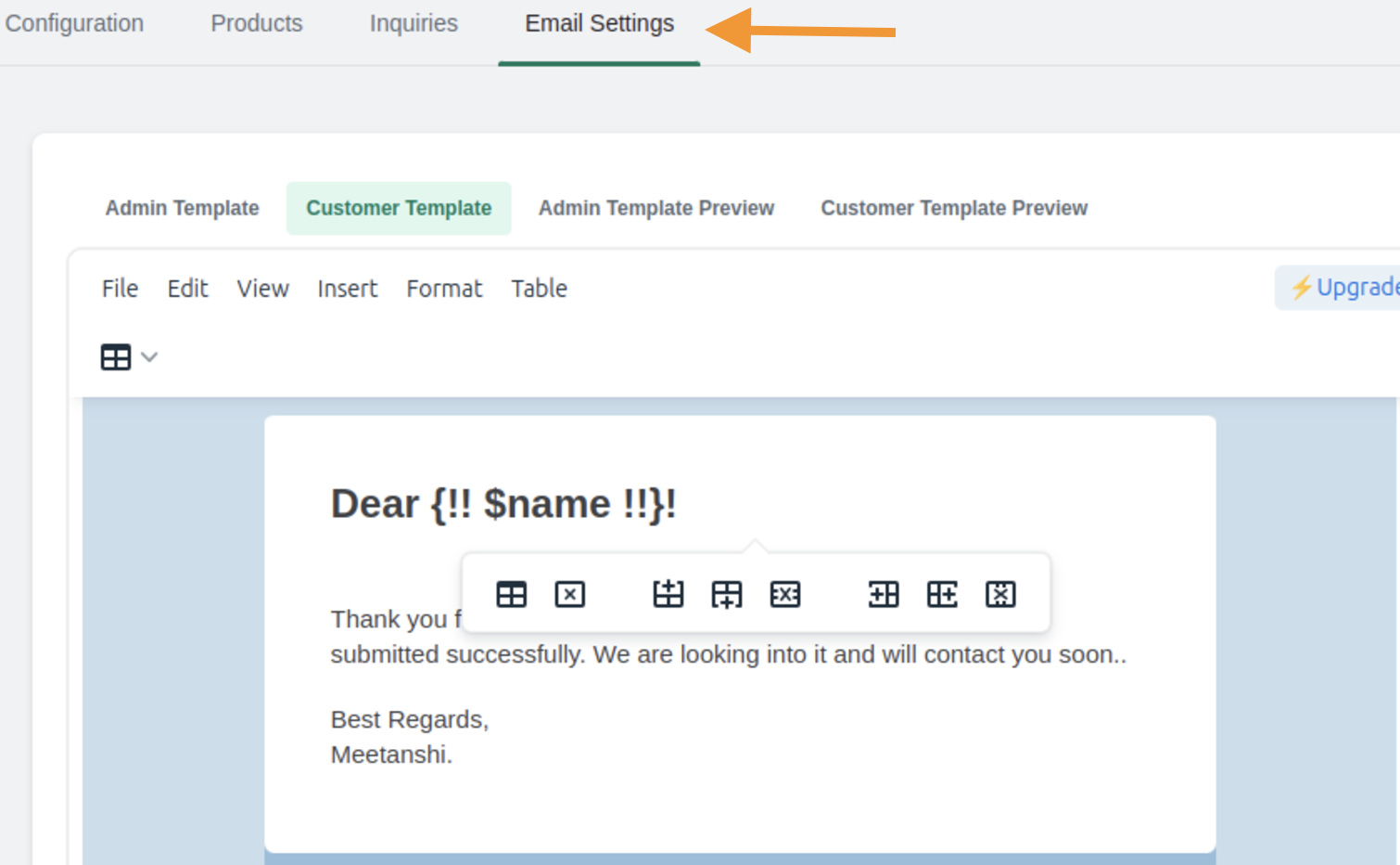 Customize email template using email settings