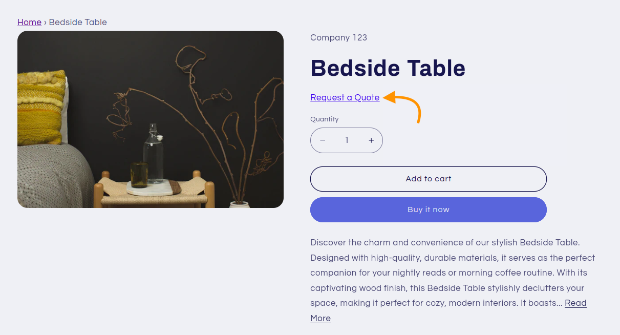 Request a quote button on product page