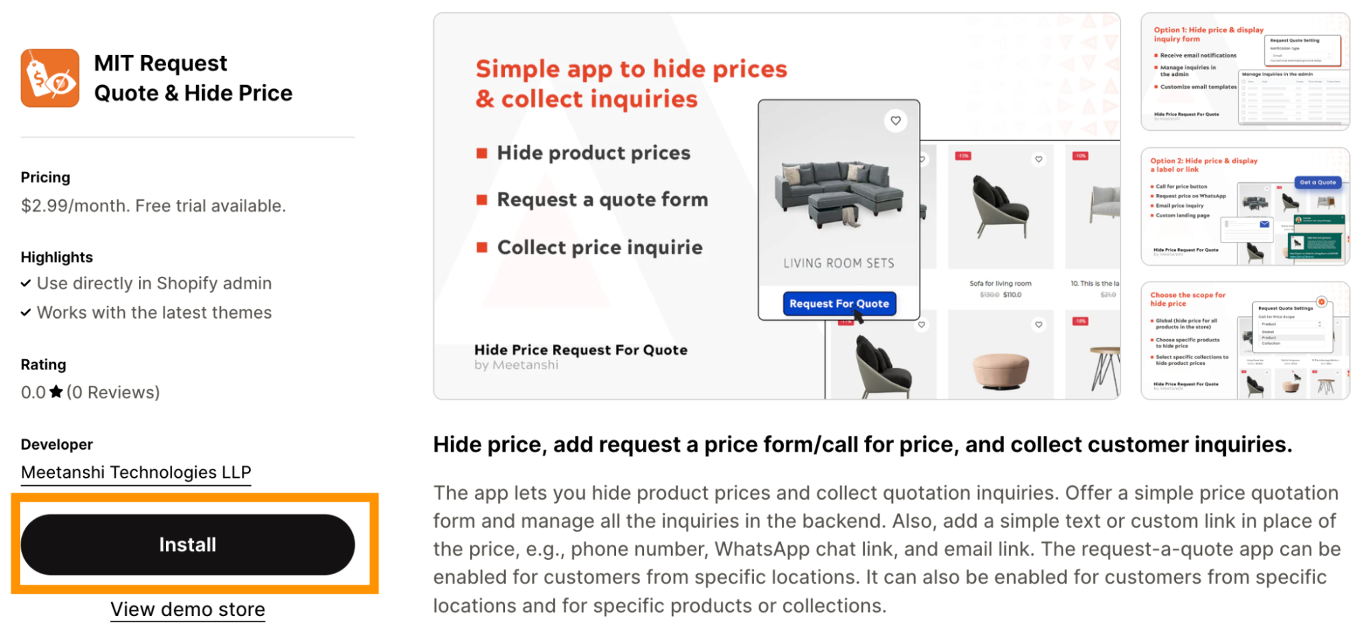 Install the MIT Request Quote Hide Price App