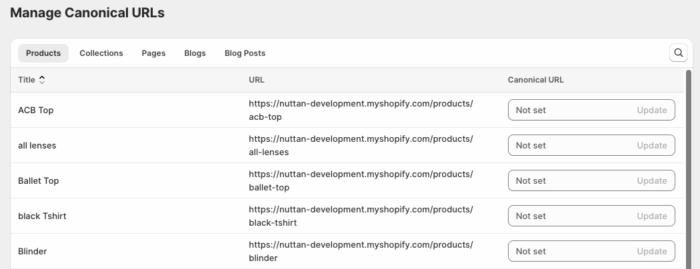 Shopify MIT Canonical URLs app dashboard with fields to edit canonical tags for products, collections, pages, and blogs
