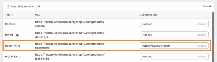 Example of adding product-specific canonical url in shopify using MIT canonical URL app
