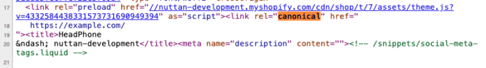 Screenshot of page source code of shopify product page with canonical url added via MIT Canonical URLs app