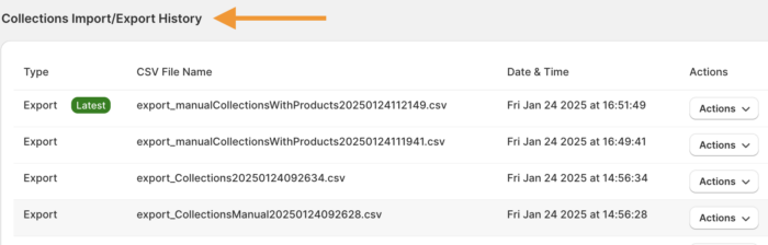 collection import and export history