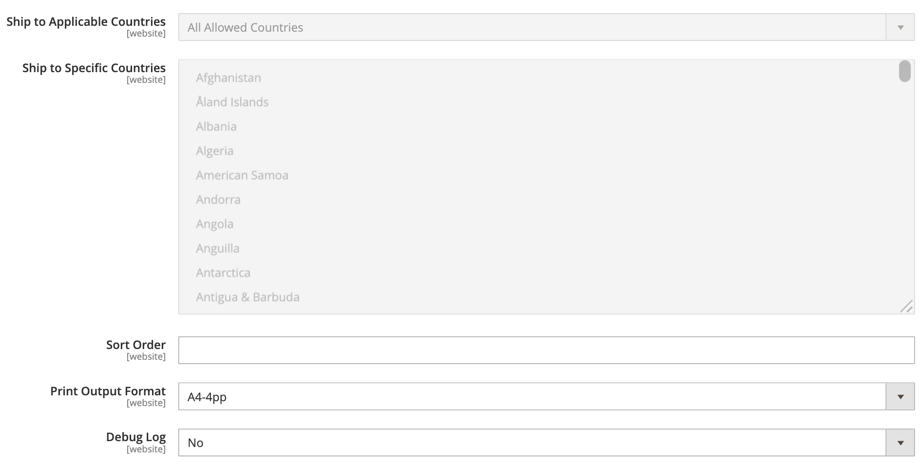 Shipping and Debug Logs Settings