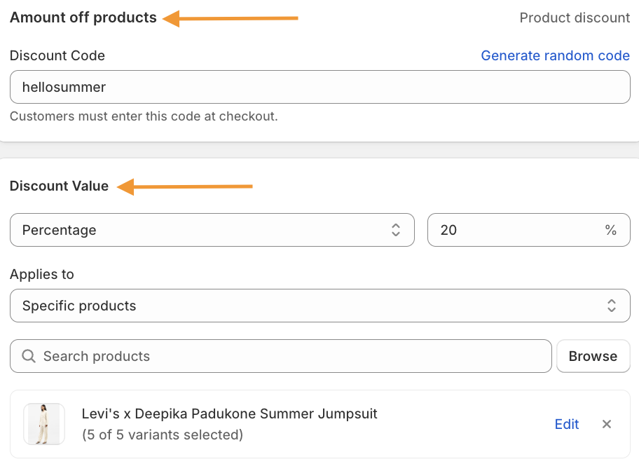 Fill in Discount Code and Discount Value