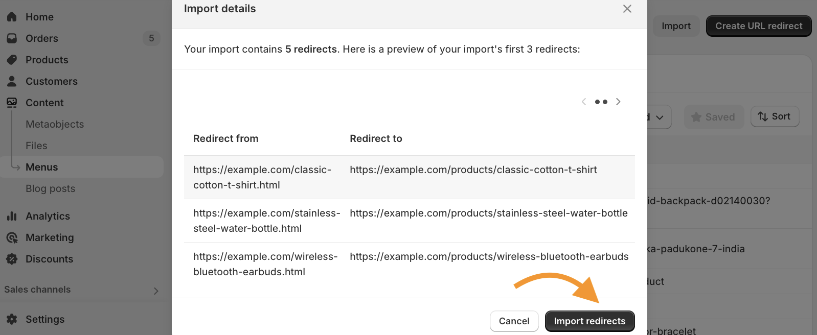Import the Redirect CSV into Shopify