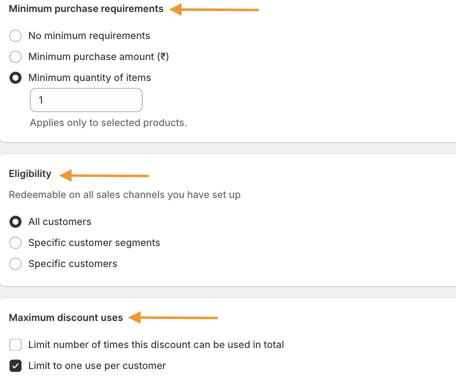 Select MInimum Purchase Requirement and Eligibility and Minimum Discount Uses