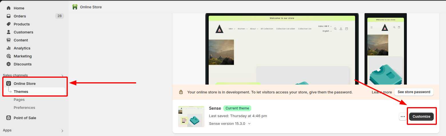 Navigate to Shopify Admin Online Store Themes Customize
