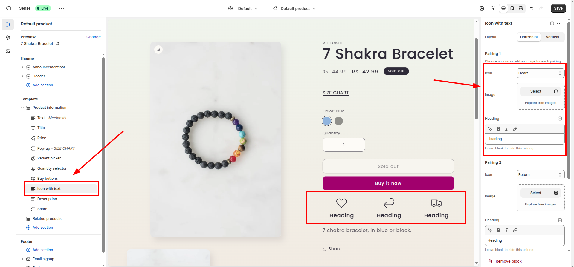 Open the Product Information Section and add an Icon with Text