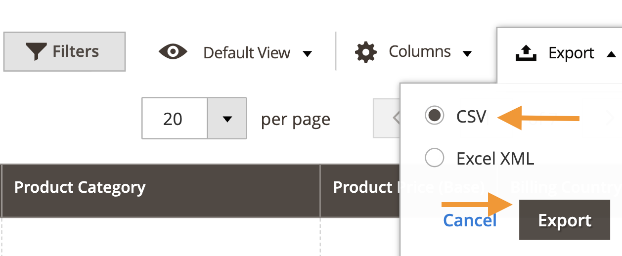 Click Exports and Choose CSV