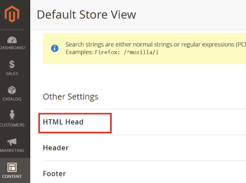 Default Store View Edit and Open HTML Head