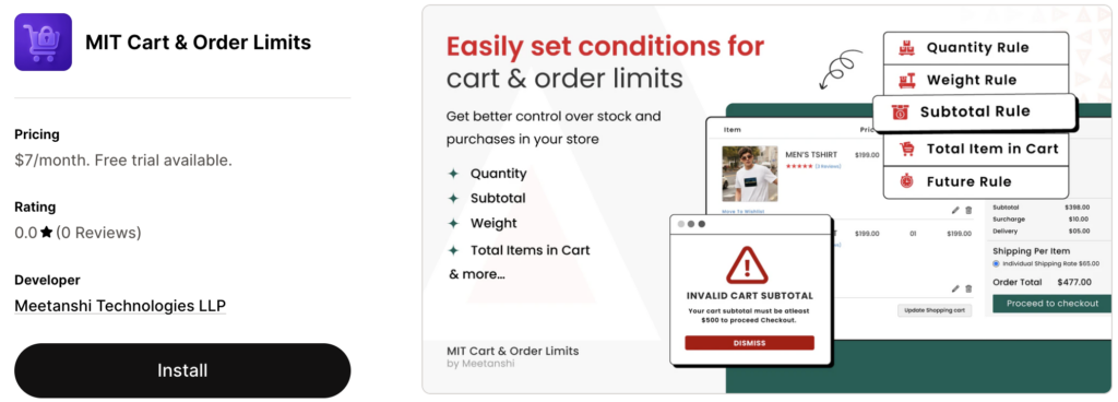 MIT Cart & Order Limits Shopify app