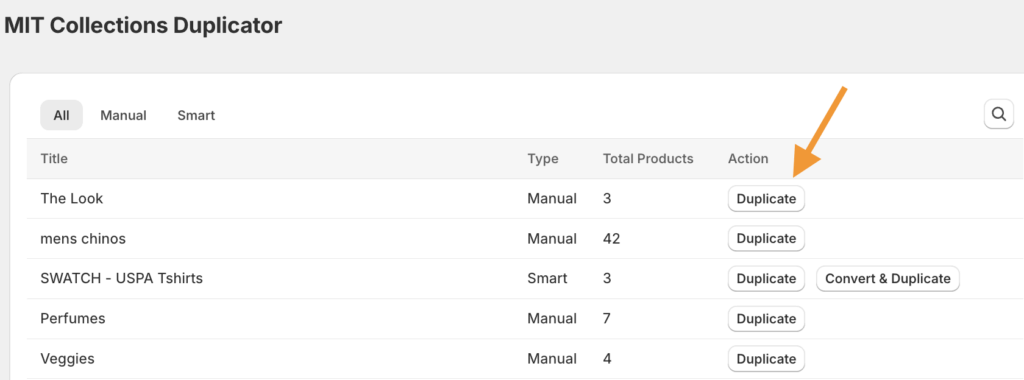 Select Duplicate action from Shopify collection list