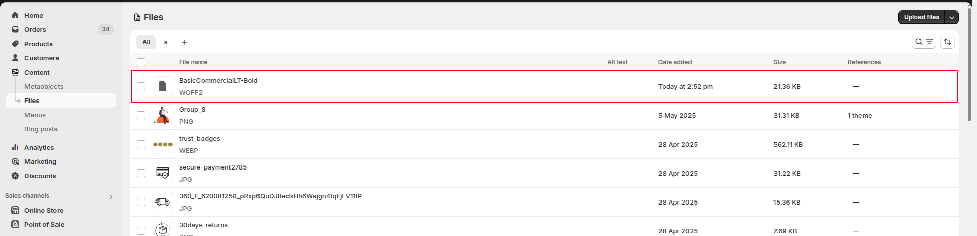 Go to Shopify Admin Content Files and Upload Files