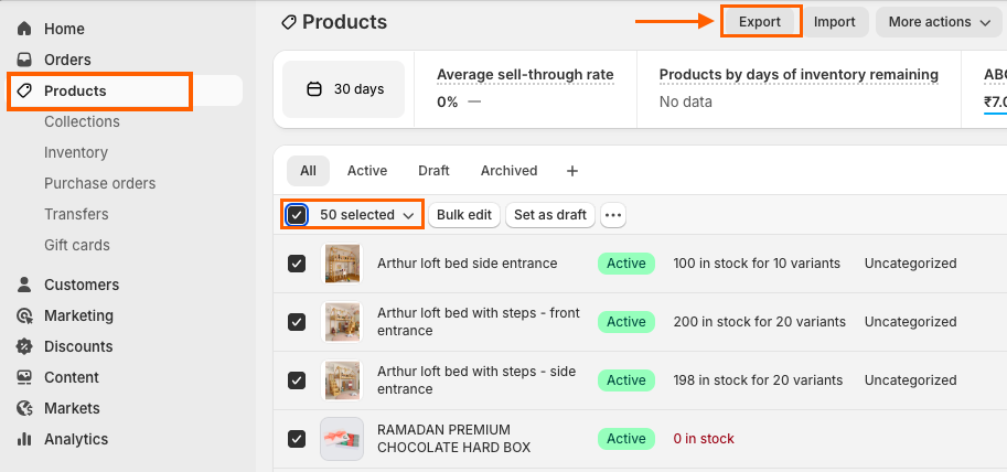 Navigate to Shopify Admin > Products > Click Export