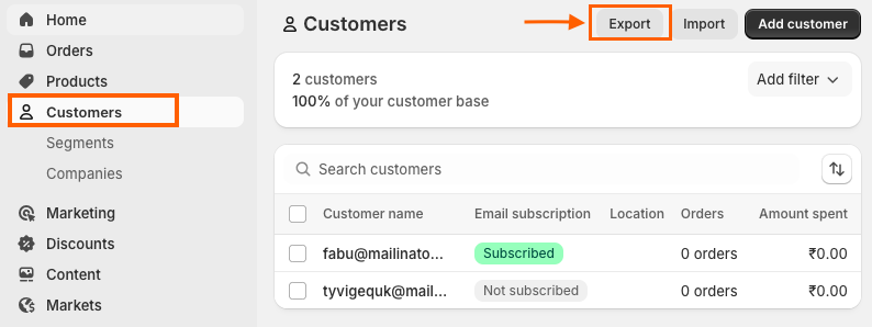 Naviagte to Shopify Admin > Customers > Click Export