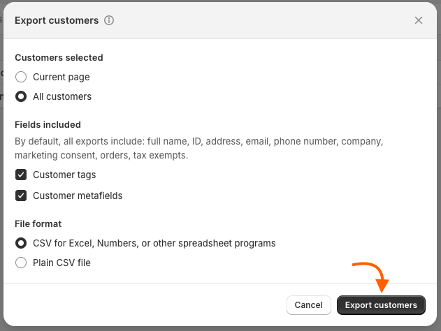 Click Export Customers