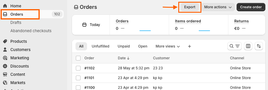 Navigate to Shopify Admin > Head to Orders > Click Export