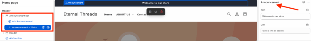 Edit the default announcement bar using the options available