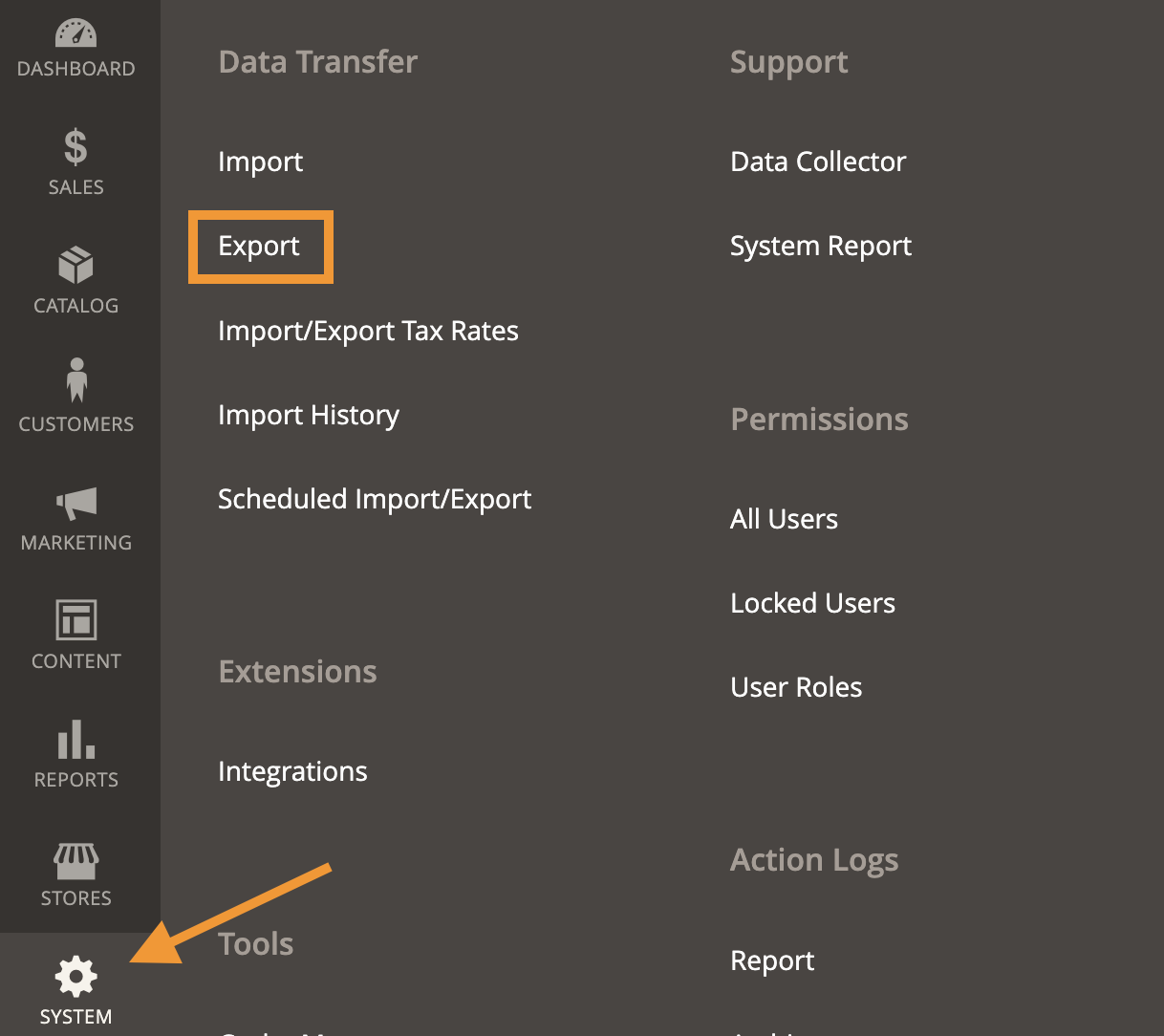 Navigate Export From Magento 2 Admin