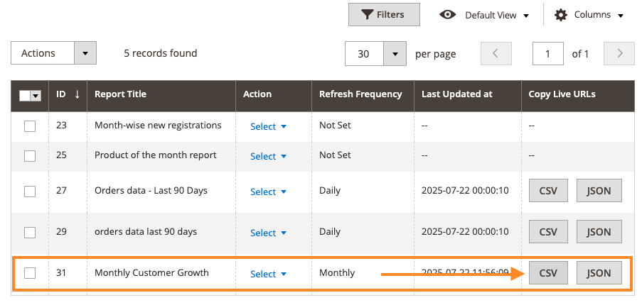 Click the CSV Button Against the Created Report to Copy its URL