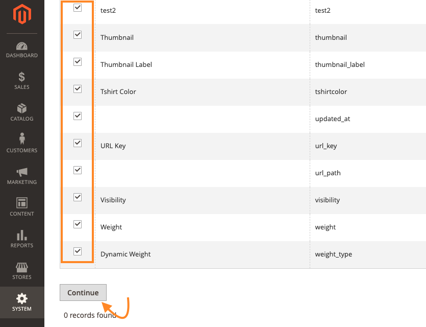 Select the Attributes You Want to Export into CSV and Click Continue