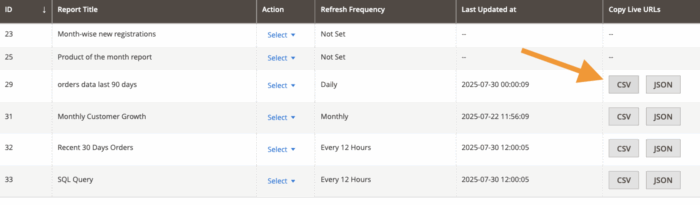 Copy CSV URL of custom report
