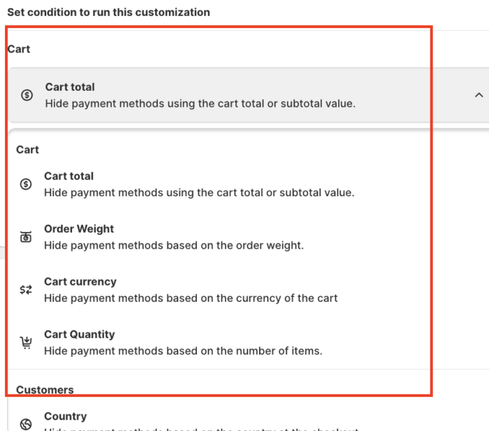 Set conditions to hide PayPal on Shopify