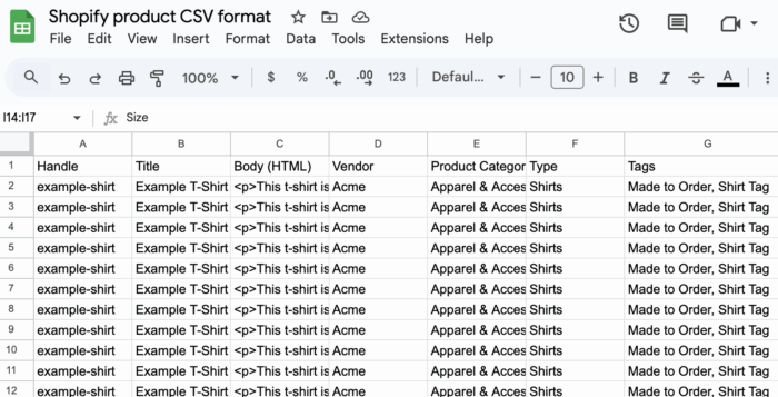 Shopify product CSV format