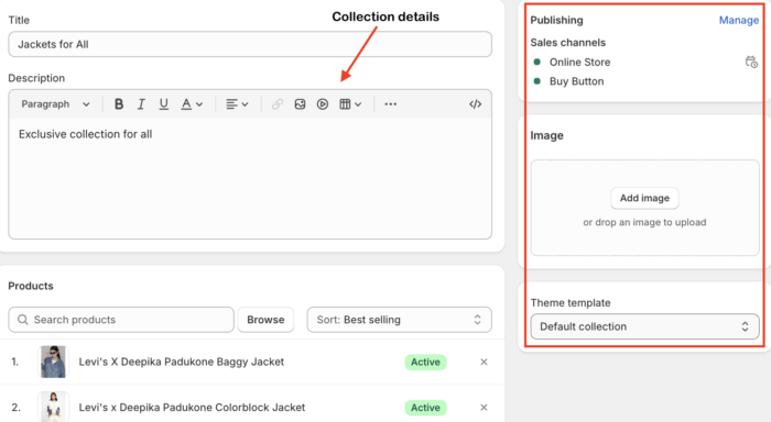 Add Shopify collection details