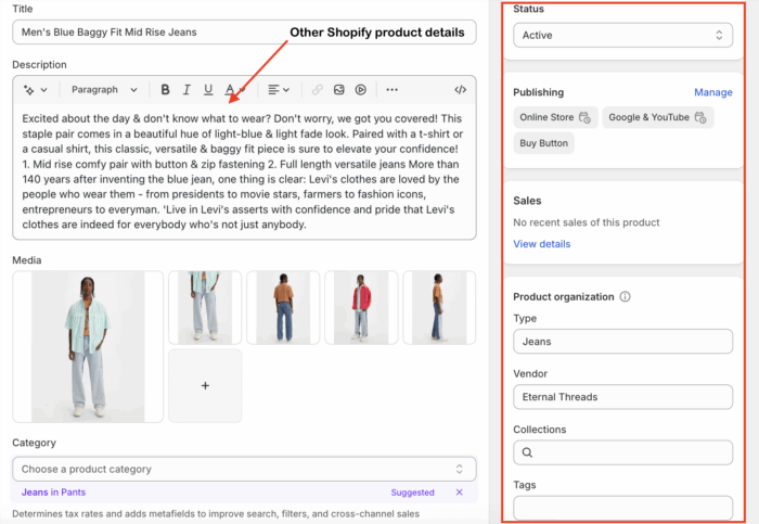 Add product details for the Shopify store