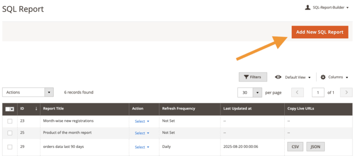 Click on Add New SQL Report