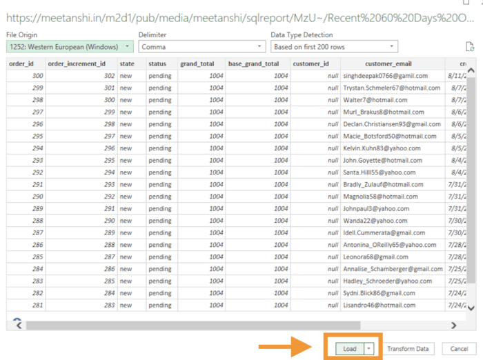 Click on load in excel