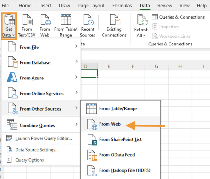 Navigate to From Web in Excel
