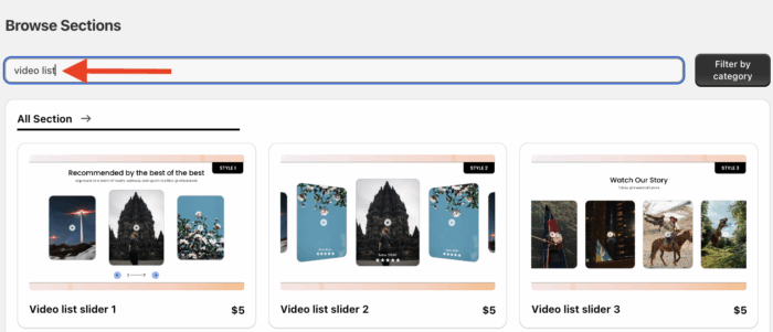 Search for video list section