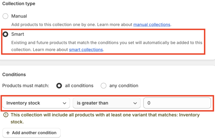 Set Smart Collection Condition on Shopify