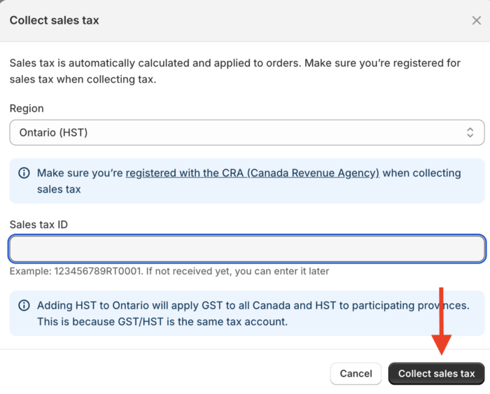 Shopify tax setting based on your location in Canada