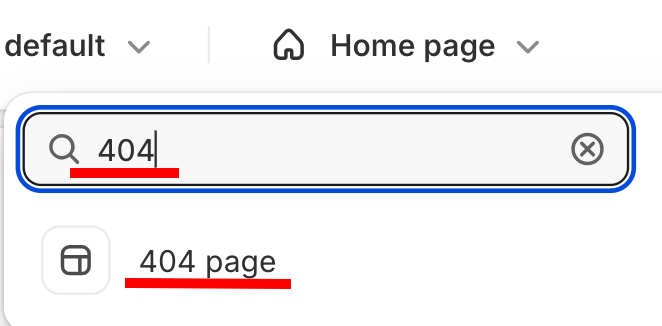 Search bar displays “404” to start creating a Shopify 404 page.