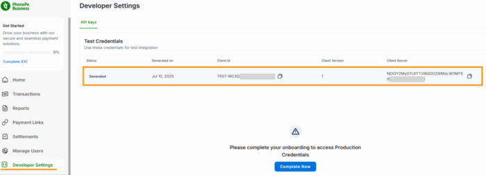 Developer settings in phonepe business dashboard
