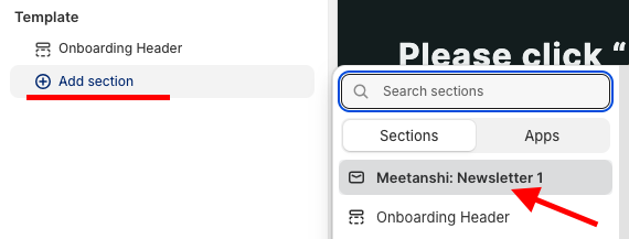 click Add section and select Meetanshi: Newsletter 1